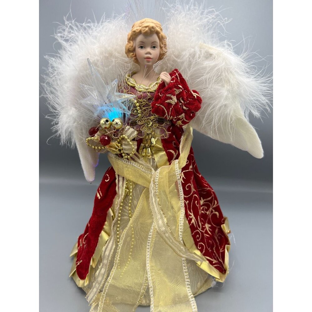 Porcelain Angel Tree Topper With Fiber Optic Wings & Gold Details